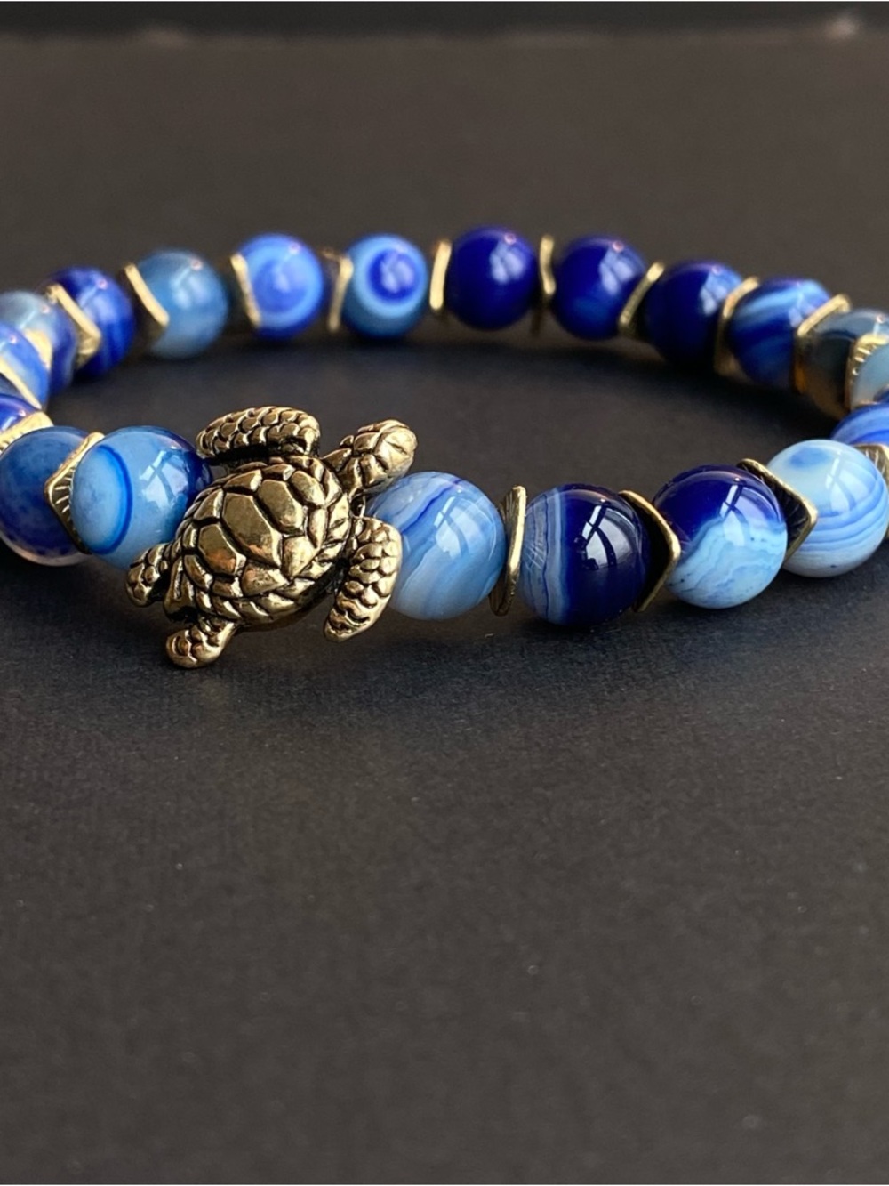 Blue Agate Turtle Bead Stretch Bracelet by